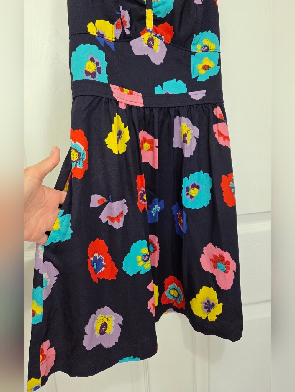 American Eagle Rainbow Poppy Floral Blue Mini Sundress with Pockets Size 2 - Picture 3 of 10